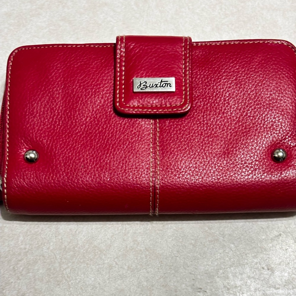 Buxton Genuine Leather Wallet, Red & Silver, GUC